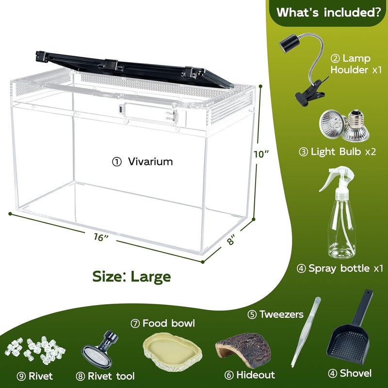 BINANO 16×10×8'' Reptile Tank Kit with Heat Lamp, Spray Bottle, Shovel, Tweezers, Food Bowl, Hideout -Perfect for Geckos, Bearded Dragons, Snakes, Lizards, Turtles 360° Viewing, PC Glass - Image 2